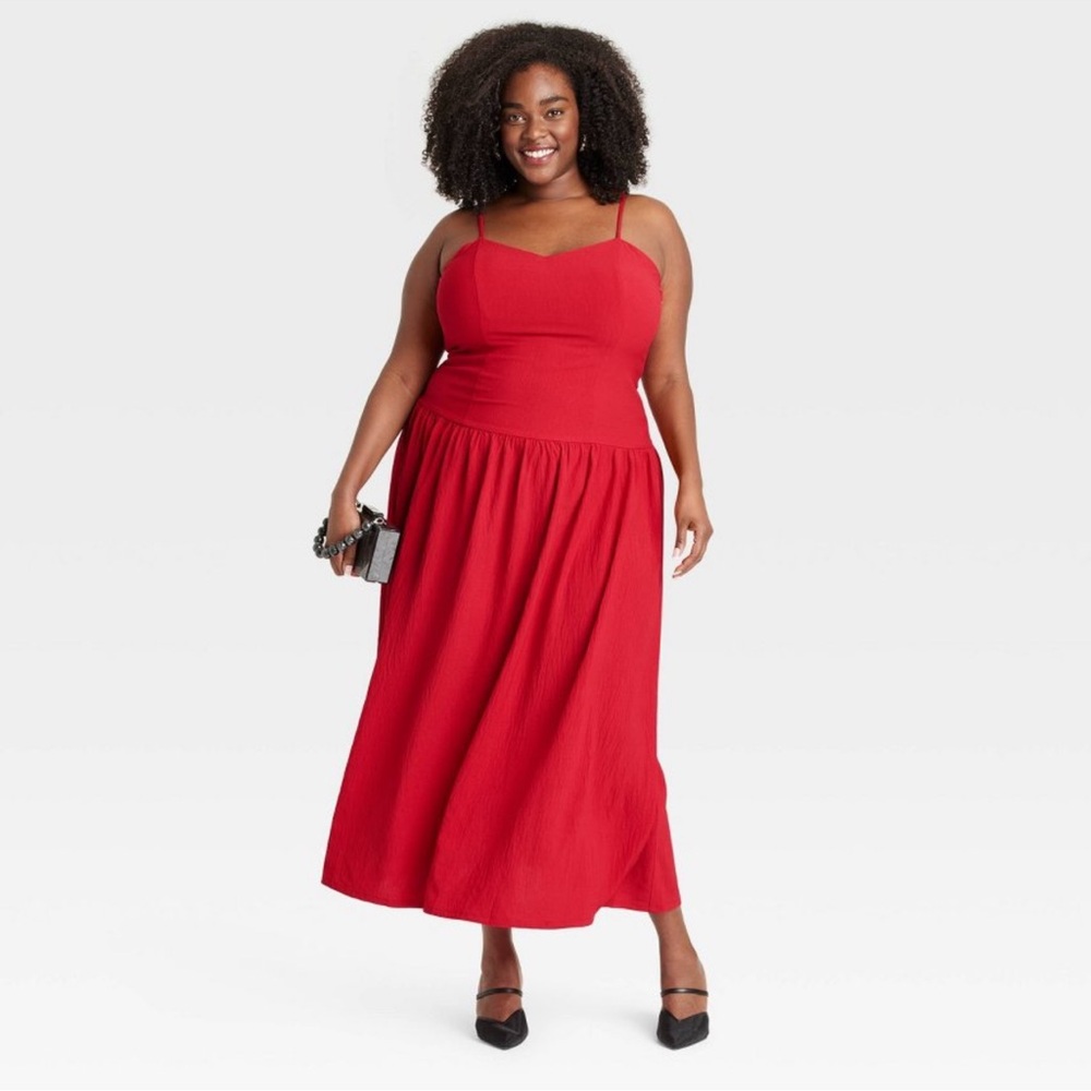 Elegant Red Drop Waist Spaghetti Strap Dress